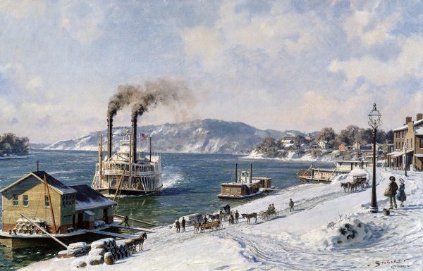 John Stobart - Marietta: The Mail Line Packet "Courier" Arriving at the Wharfboat on the Ohio in 1875