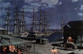 John Stobart - New York: The Black Ball Packets Seen Beyond the Fulton Fish Market in 1865