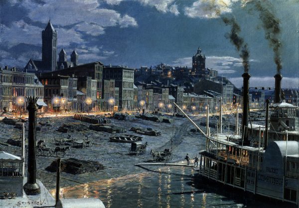 John Stobart - Pittsburgh: Water Street by Gaslight in 1899