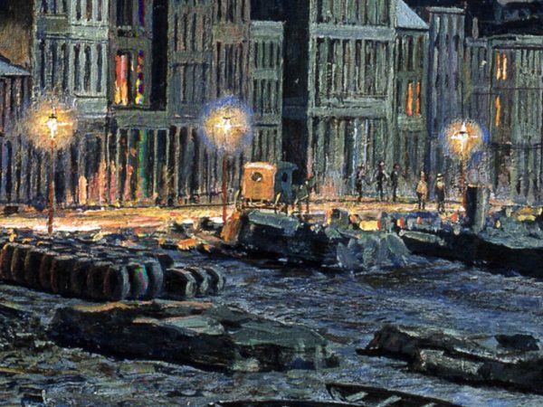 John Stobart - Pittsburgh: Water Street by Gaslight in 1899