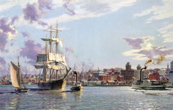 John Stobart - Portland: The Bark "Halcyon" Towing Out Past the Customs House in 1876
