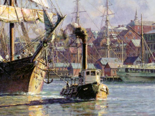 John Stobart - Portland: The Bark "Halcyon" Towing Out Past the Customs House in 1876