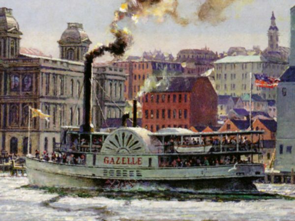 John Stobart - Portland: The Bark "Halcyon" Towing Out Past the Customs House in 1876
