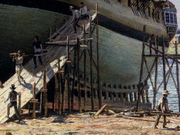 John Stobart - Portsmouth: Preparing To Launch John Paul Jones' Sloop of "War Ranger", May 1777