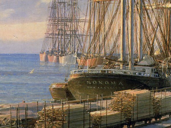 John Stobart - San Pedro: The Bark "Vidette" Towing Into Port at Sunrise