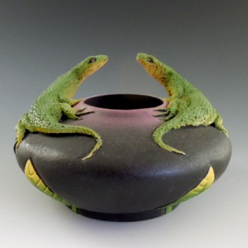 Nancy Adams Pottery - Two Lounging Lizards Bowl - Scrimshaw Gallery