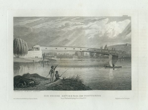 Antique Engraving - The Grand Bridge Over the Schuylkill (1833)