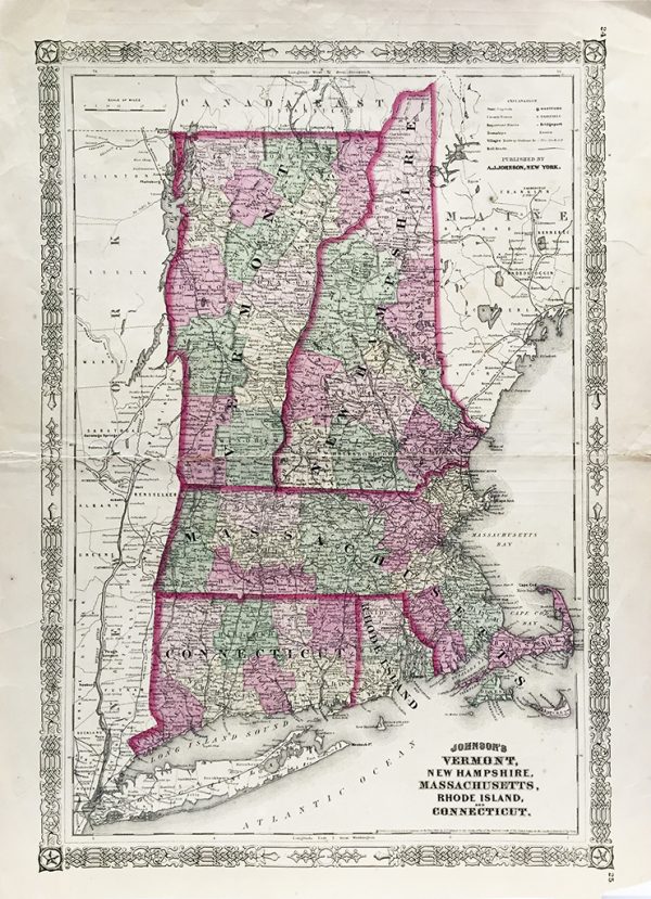 Antique Map - Vermont, New Hampshire, Massachusetts, Rhode Island, Connecticut State Map (1864)