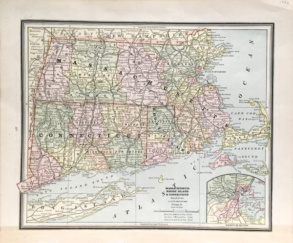 Massachusetts, Connecticut, and Rhode Island State Map (1886)