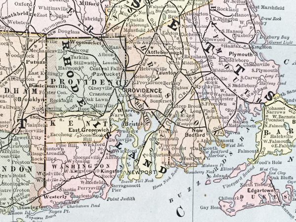 Massachusetts, Connecticut, and Rhode Island State Map (1886)