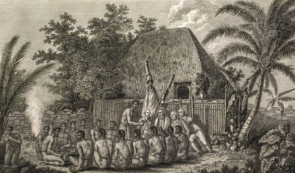 Cook Engraving - An Offering Before Captain Cook in the Sandwich Islands