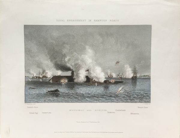 Antique Engraving - Naval Engagement in Hampton Roads (1878)