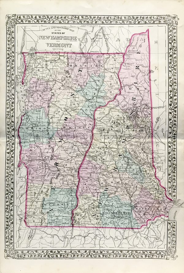 Vermont and New Hampshire State Map (1877)